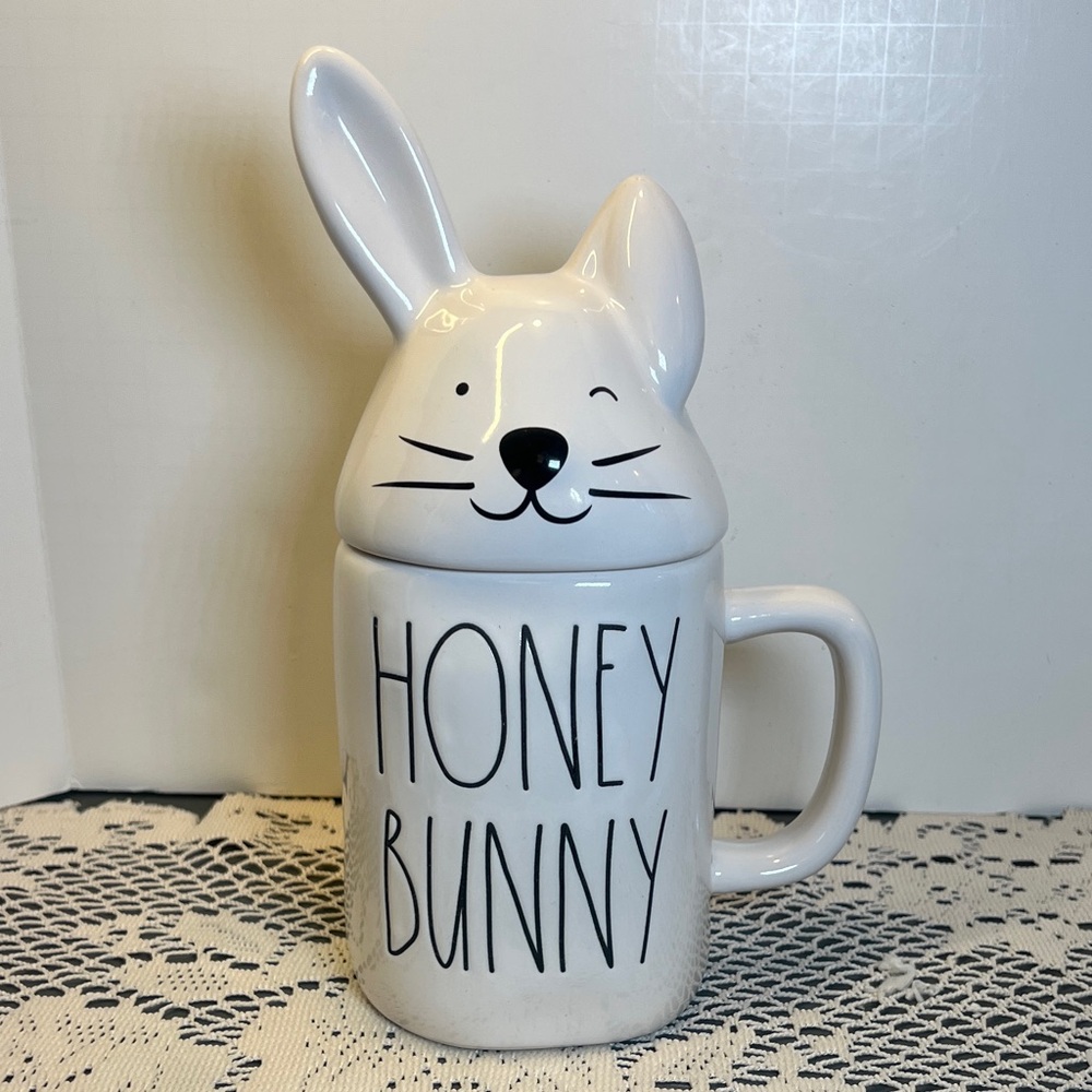 Rae Dunn Lidded Ceramic Coffee Mug “Honey Bunny”, Easter Spring Bunny Decor,